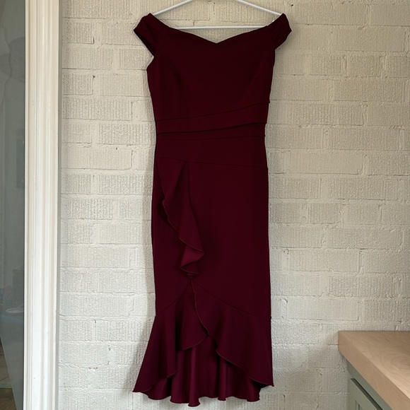 Knitee Women's Off Shoulder V-Neck Ruffle Pleat Waist Bodycon Formal Dress - Picture 5 of 8